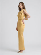 Gold Satin column One-Shoulder Side-Zip Floor-Length Bridesmaid Dress with Bow - Curvevia
