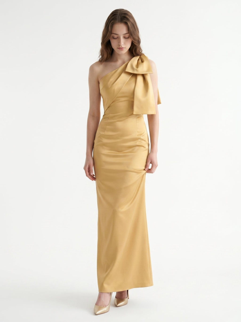 Gold Satin column One-Shoulder Side-Zip Floor-Length Bridesmaid Dress with Bow - Curvevia