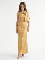 Gold Satin column One-Shoulder Side-Zip Floor-Length Bridesmaid Dress with Bow - Curvevia