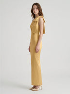 Gold Satin column One-Shoulder Side-Zip Floor-Length Bridesmaid Dress with Bow - Curvevia