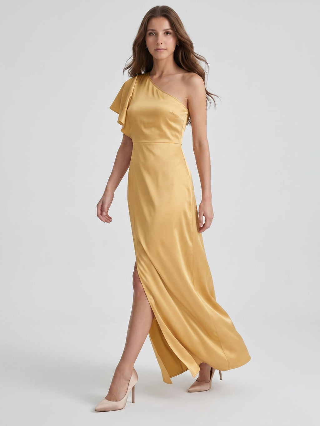 Gold Satin Sheath One Shoulder Floor-Length Bridesmaid Dress - Curvevia