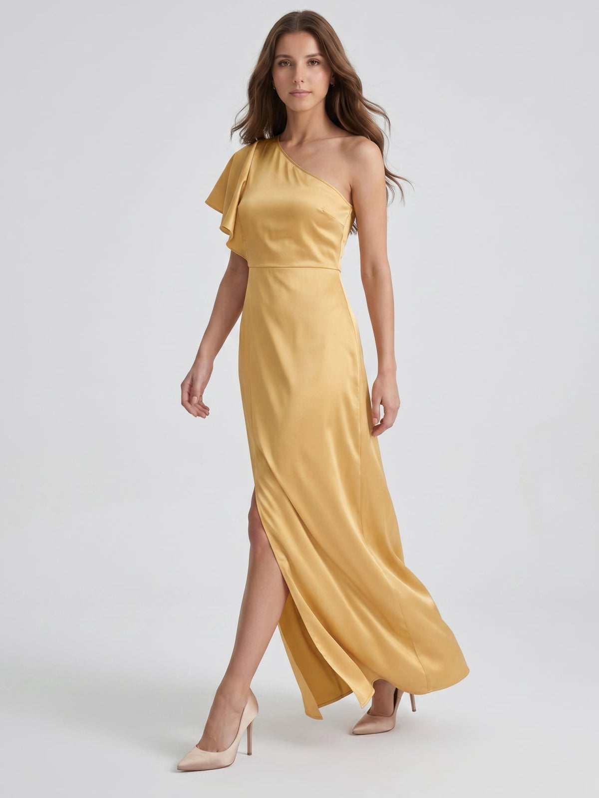 Gold Satin Sheath One Shoulder Floor-Length Bridesmaid Dress - Curvevia