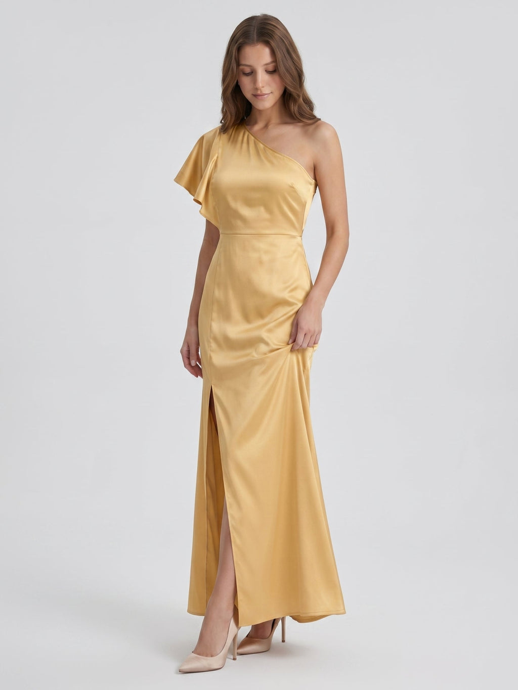 Gold Satin Sheath One Shoulder Floor-Length Bridesmaid Dress - Curvevia