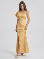 Gold Satin Sheath One Shoulder Floor-Length Bridesmaid Dress - Curvevia