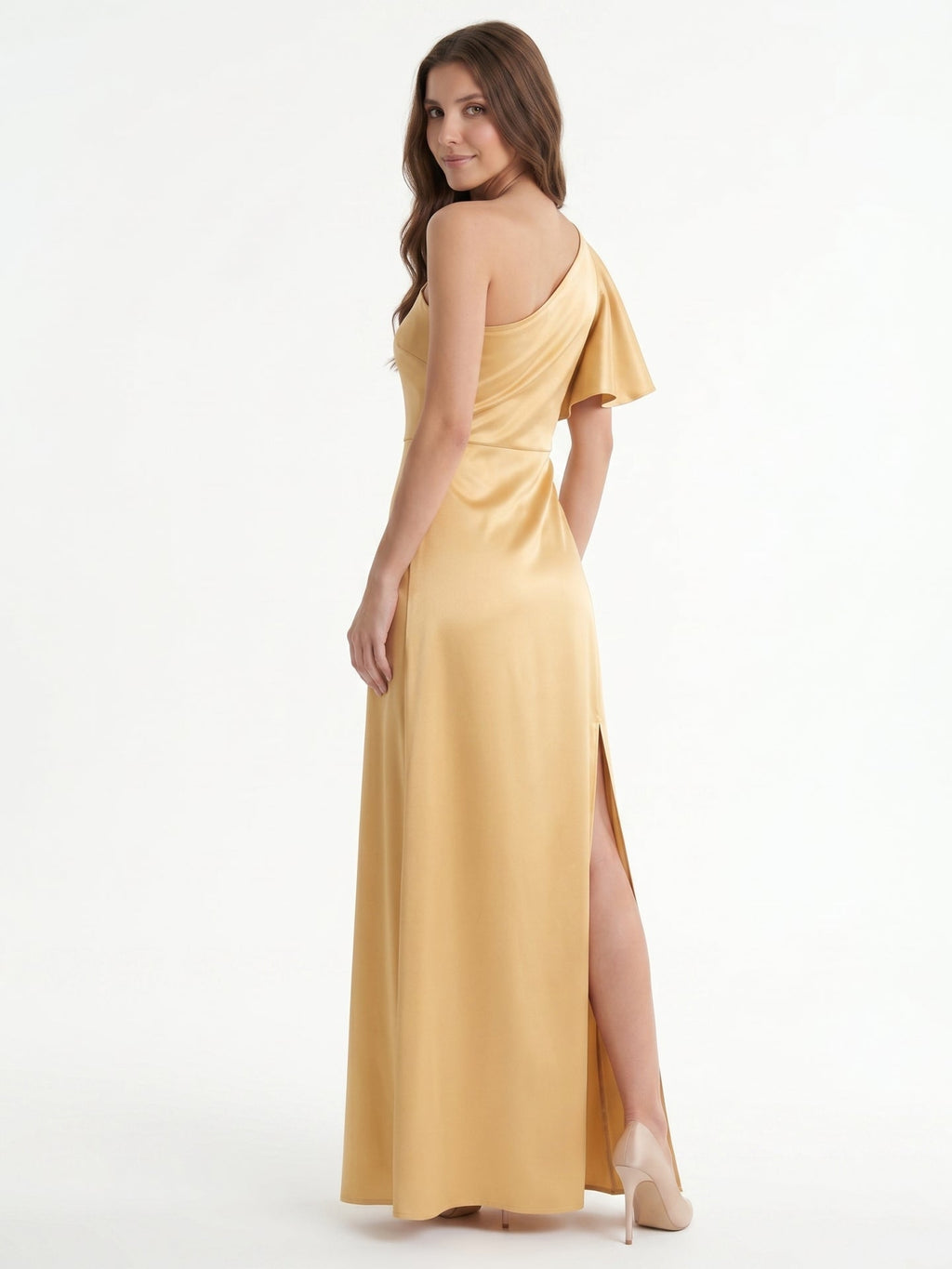 Gold Satin Sheath One Shoulder Floor-Length Bridesmaid Dress - Curvevia