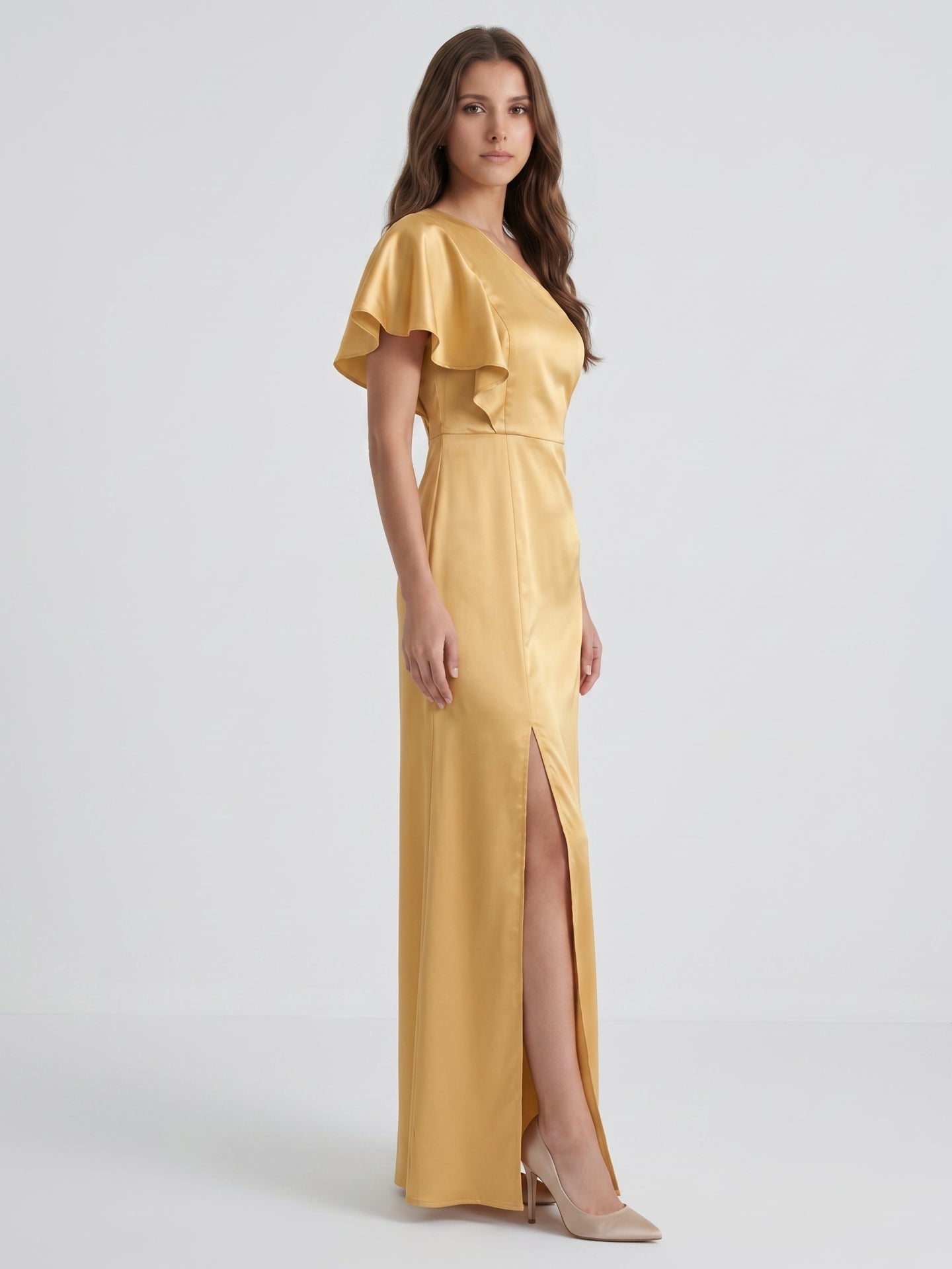 Gold Satin Sheath One Shoulder Floor-Length Bridesmaid Dress - Curvevia