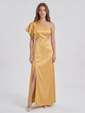 Gold Satin Sheath One Shoulder Floor-Length Bridesmaid Dress - Curvevia