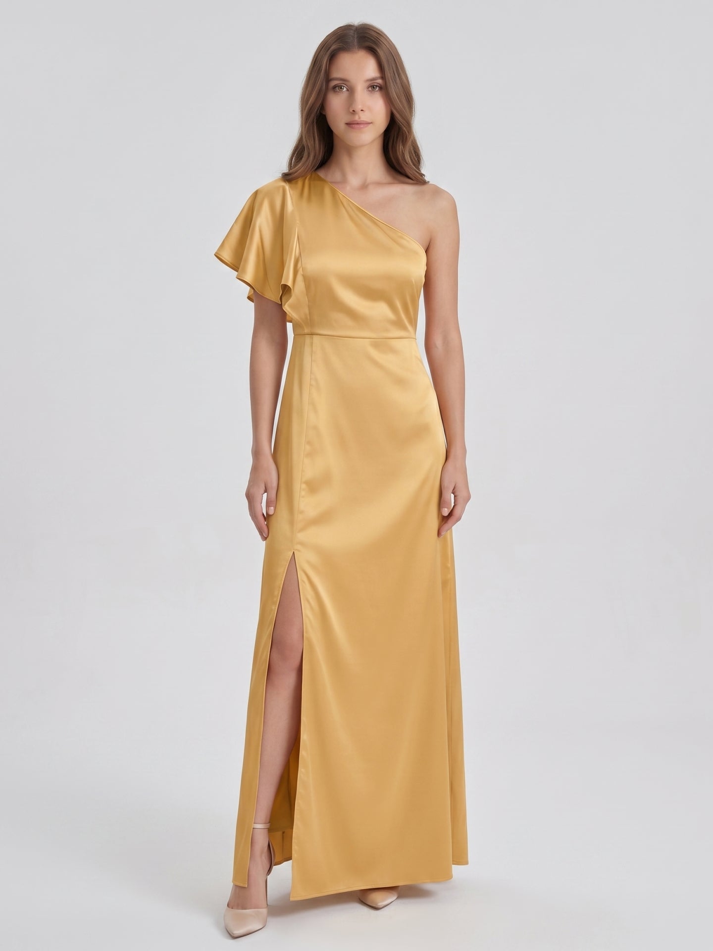 Gold Satin Sheath One Shoulder Floor-Length Bridesmaid Dress - Curvevia