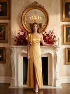Gold Satin Sheath One Shoulder Floor-Length Bridesmaid Dress - Curvevia