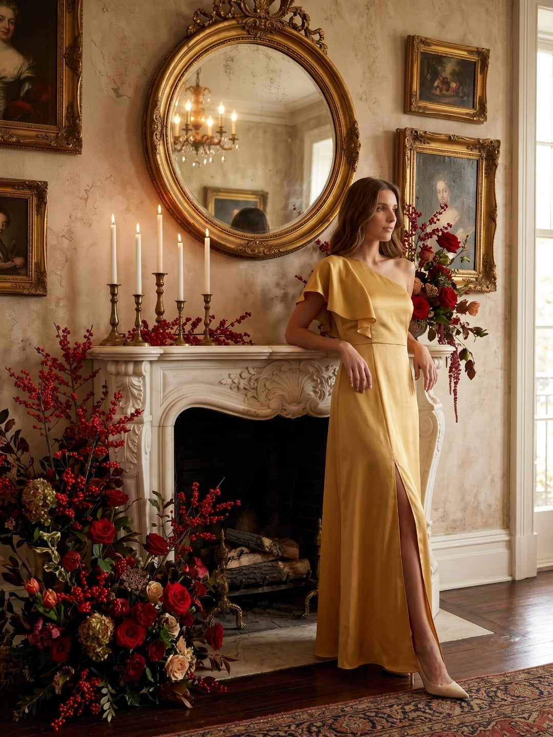 Gold Satin Sheath One Shoulder Floor-Length Bridesmaid Dress - Curvevia