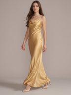 Gold Satin Sheath Square Neck Backless Floor-Length Bridesmaid Dress - Curvevia