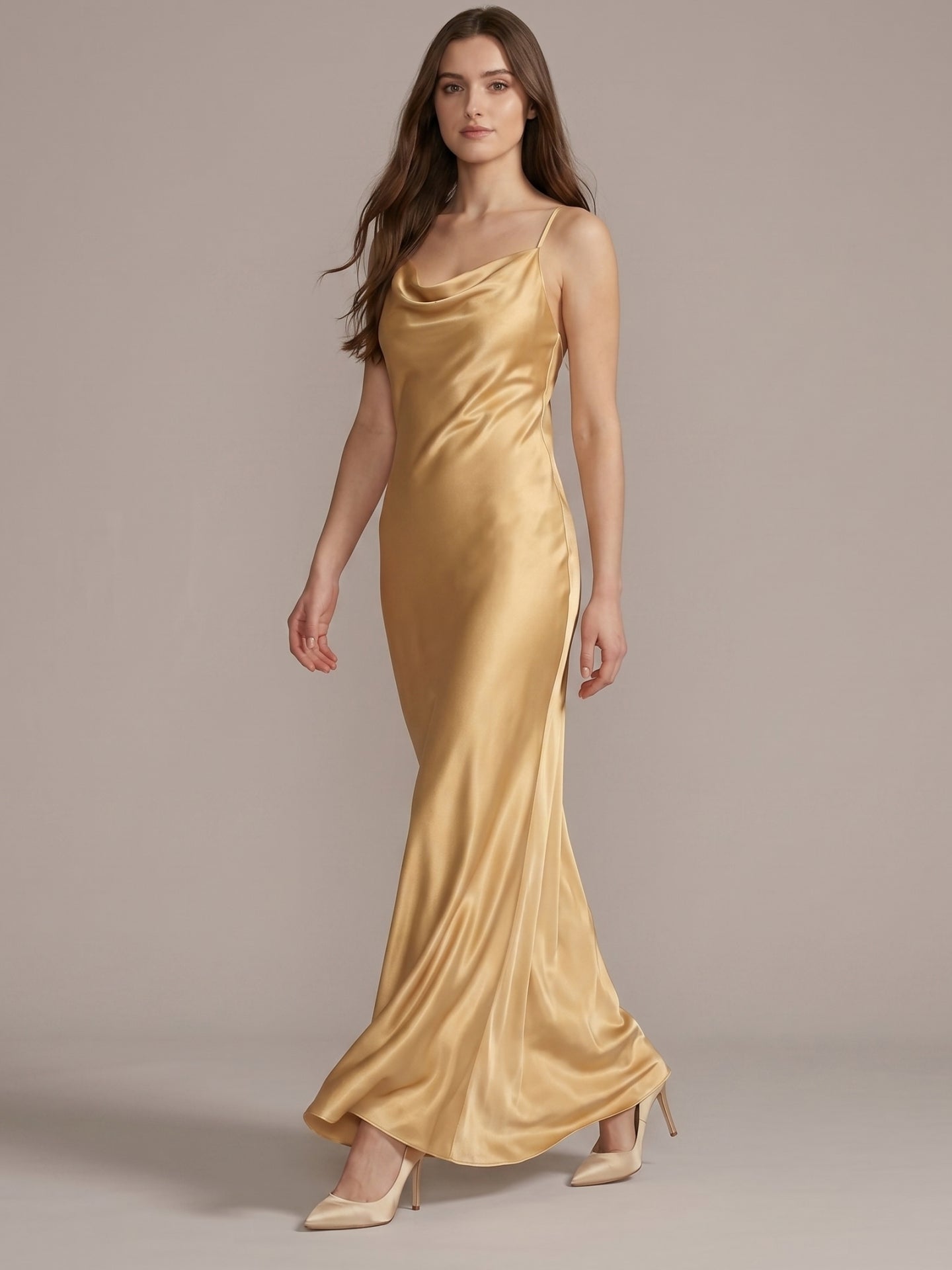 Gold Satin Sheath Square Neck Backless Floor-Length Bridesmaid Dress - Curvevia