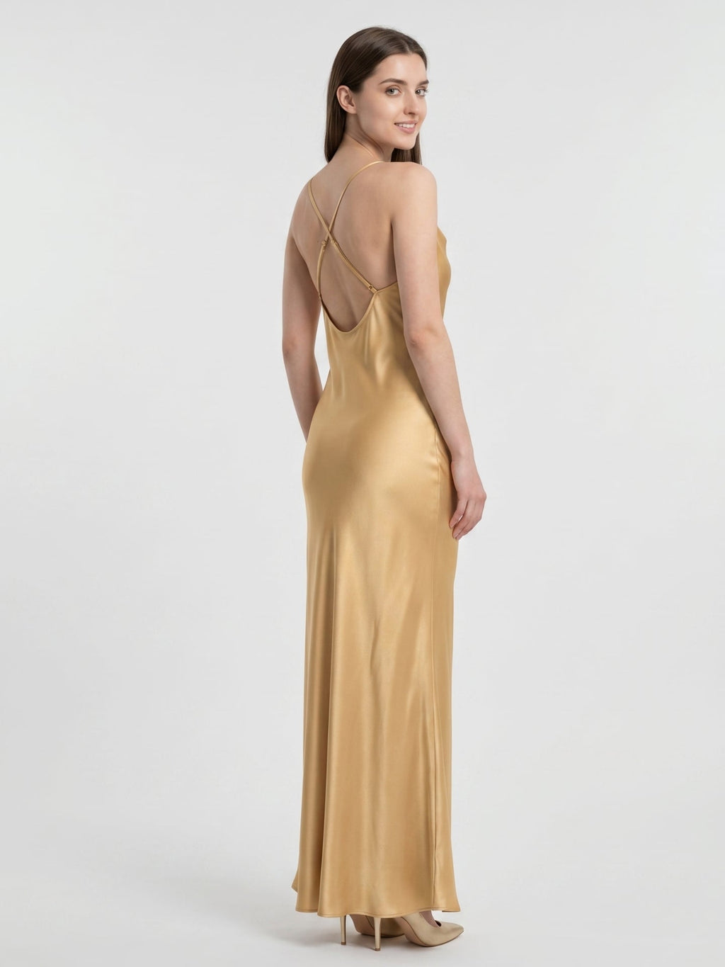 Gold Satin Sheath Square Neck Backless Floor-Length Bridesmaid Dress - Curvevia