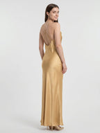 Gold Satin Sheath Square Neck Backless Floor-Length Bridesmaid Dress - Curvevia
