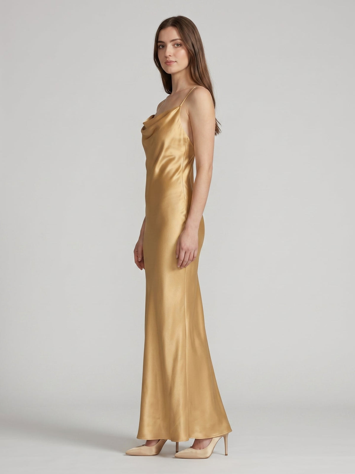 Gold Satin Sheath Square Neck Backless Floor-Length Bridesmaid Dress - Curvevia