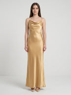 Gold Satin Sheath Square Neck Backless Floor-Length Bridesmaid Dress - Curvevia