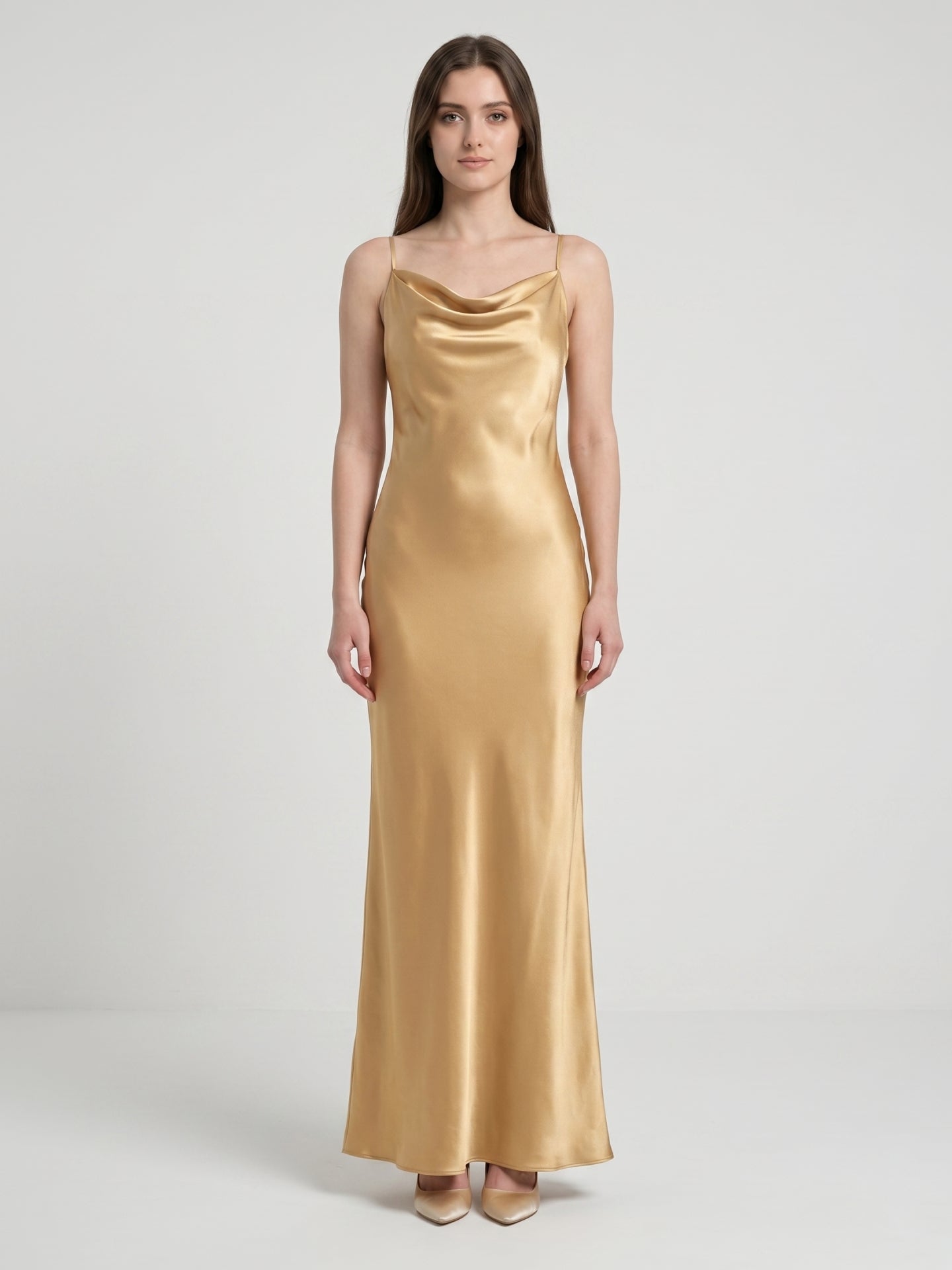 Gold Satin Sheath Square Neck Backless Floor-Length Bridesmaid Dress - Curvevia