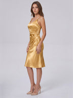 Gold Satin Sheath V-Neck Back Zip Knee-Length Bridesmaid Dress with Pleats - Curvevia