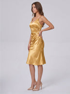 Gold Satin Sheath V-Neck Back Zip Knee-Length Bridesmaid Dress with Pleats - Curvevia
