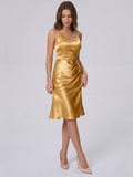 Gold Satin Sheath V-Neck Back Zip Knee-Length Bridesmaid Dress with Pleats - Curvevia