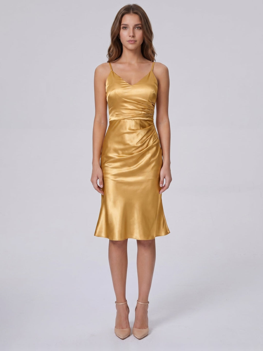 Gold Satin Sheath V-Neck Back Zip Knee-Length Bridesmaid Dress with Pleats - Curvevia