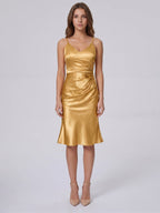 Gold Satin Sheath V-Neck Back Zip Knee-Length Bridesmaid Dress with Pleats - Curvevia