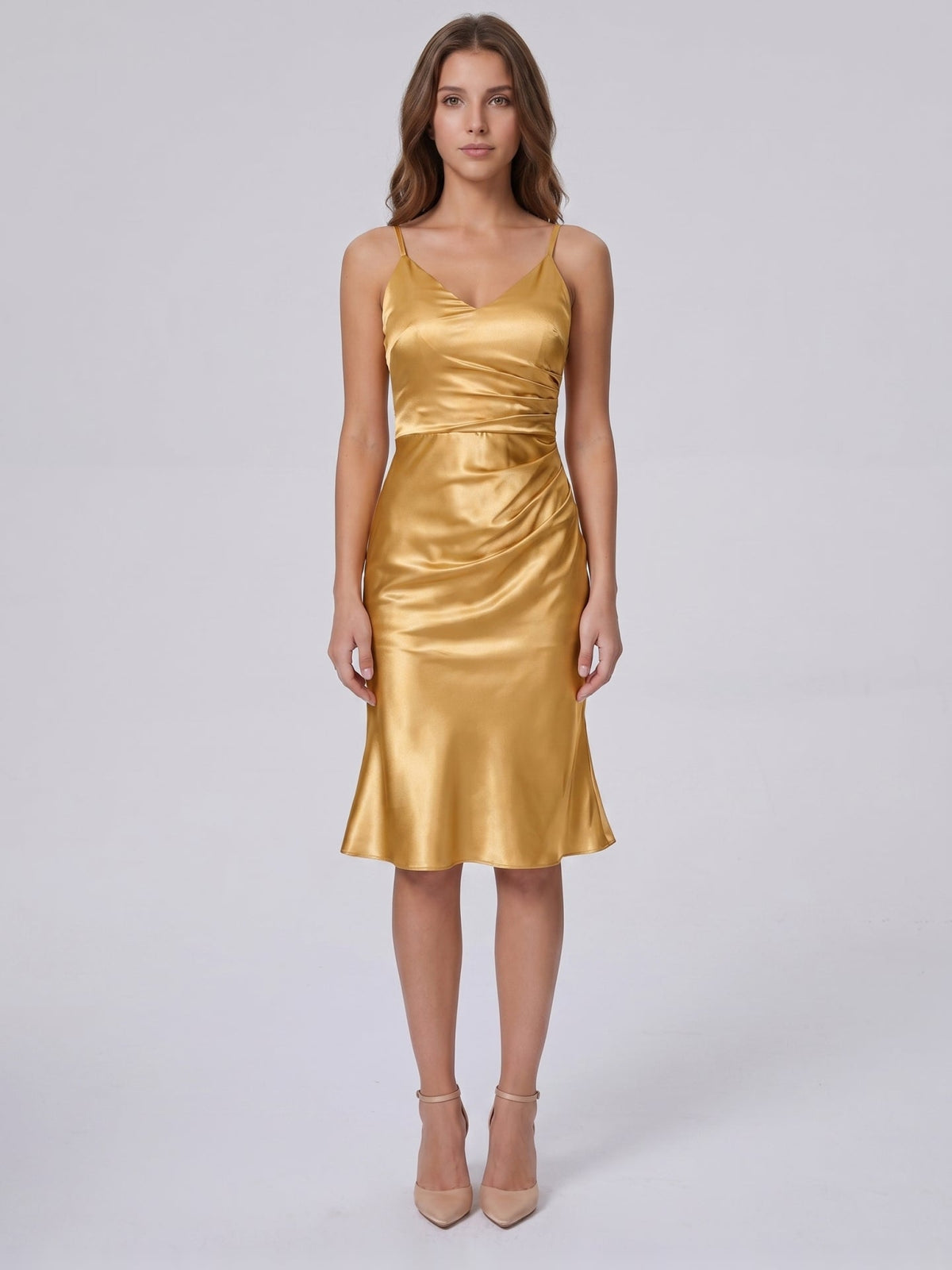Gold Satin Sheath V-Neck Back Zip Knee-Length Bridesmaid Dress with Pleats - Curvevia