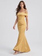 Gold Satin Trumpet Off-the-Shoulder Floor-Length Bridesmaid Dress - Curvevia