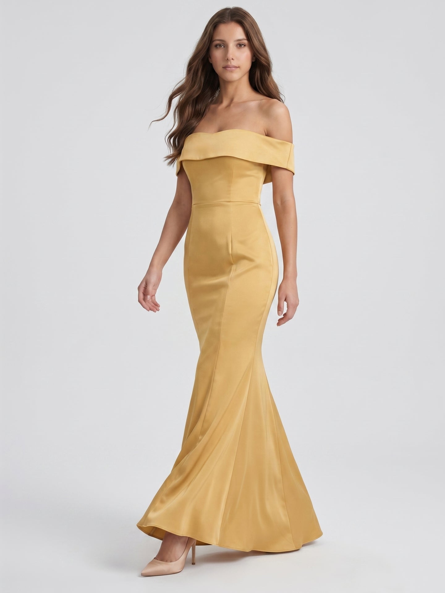 Gold Satin Trumpet Off-the-Shoulder Floor-Length Bridesmaid Dress - Curvevia