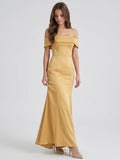 Gold Satin Trumpet Off-the-Shoulder Floor-Length Bridesmaid Dress - Curvevia