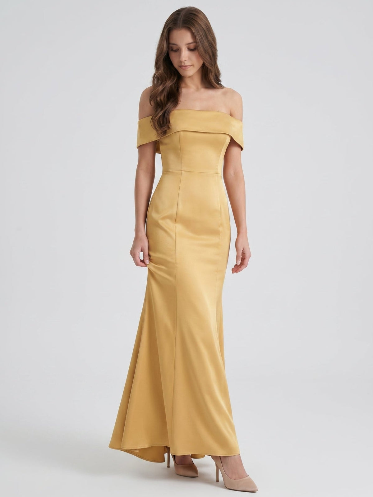 Gold Satin Trumpet Off-the-Shoulder Floor-Length Bridesmaid Dress - Curvevia