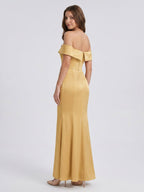 Gold Satin Trumpet Off-the-Shoulder Floor-Length Bridesmaid Dress - Curvevia