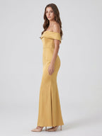 Gold Satin Trumpet Off-the-Shoulder Floor-Length Bridesmaid Dress - Curvevia