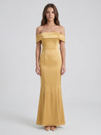 Gold Satin Trumpet Off-the-Shoulder Floor-Length Bridesmaid Dress - Curvevia