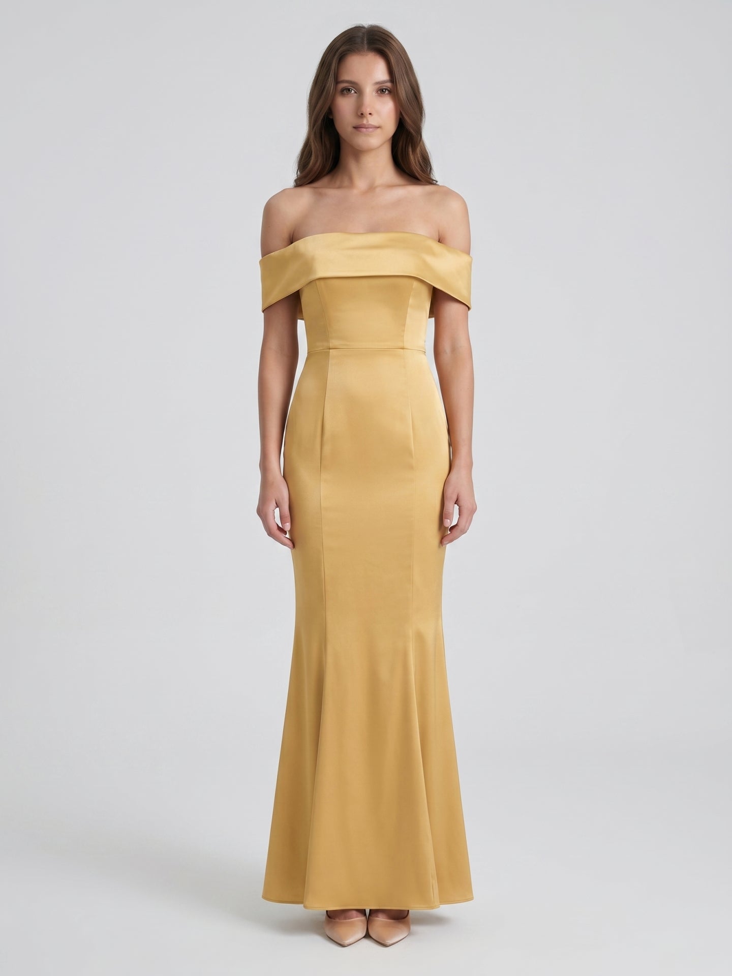 Gold Satin Trumpet Off-the-Shoulder Floor-Length Bridesmaid Dress - Curvevia