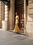 Gold Satin Trumpet Off-the-Shoulder Floor-Length Bridesmaid Dress - Curvevia