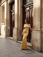 Gold Satin Trumpet Off-the-Shoulder Floor-Length Bridesmaid Dress - Curvevia