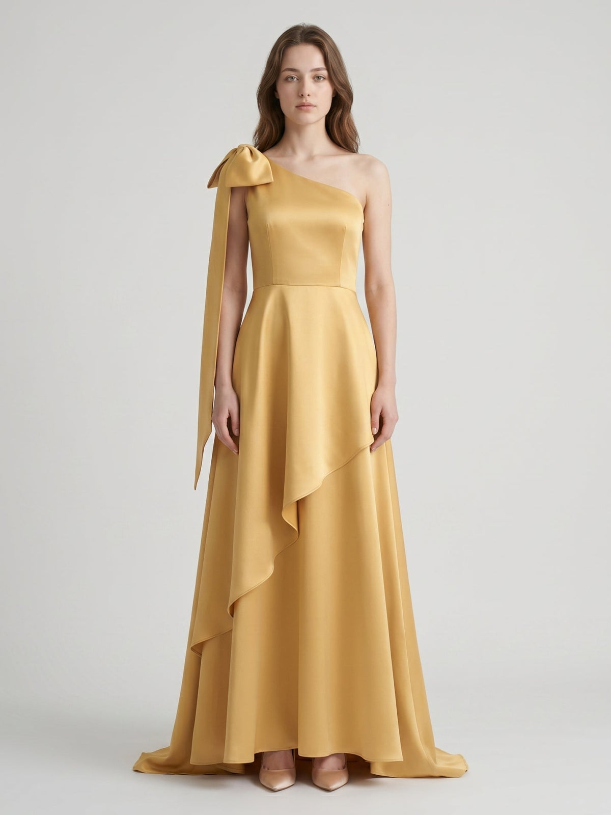 Gold Satin Trumpet Sweetheart Back-Zip Floor-Length Bridesmaid Dress with Bow - Curvevia