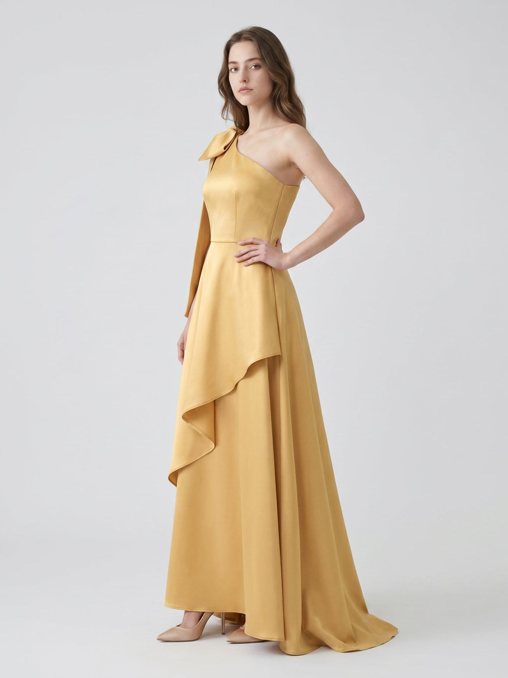 Gold Satin Trumpet Sweetheart Back-Zip Floor-Length Bridesmaid Dress with Bow - Curvevia