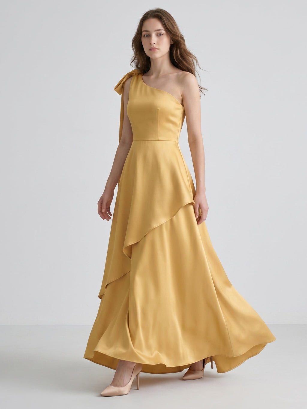 Gold Satin Trumpet Sweetheart Back-Zip Floor-Length Bridesmaid Dress with Bow - Curvevia