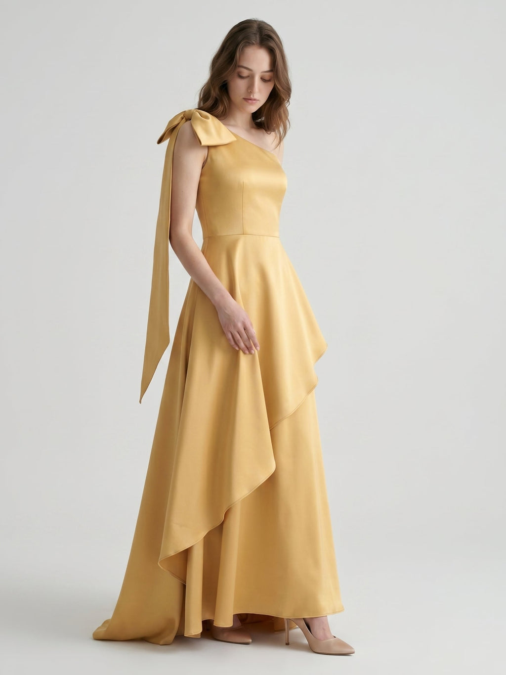 Gold Satin Trumpet Sweetheart Back-Zip Floor-Length Bridesmaid Dress with Bow - Curvevia