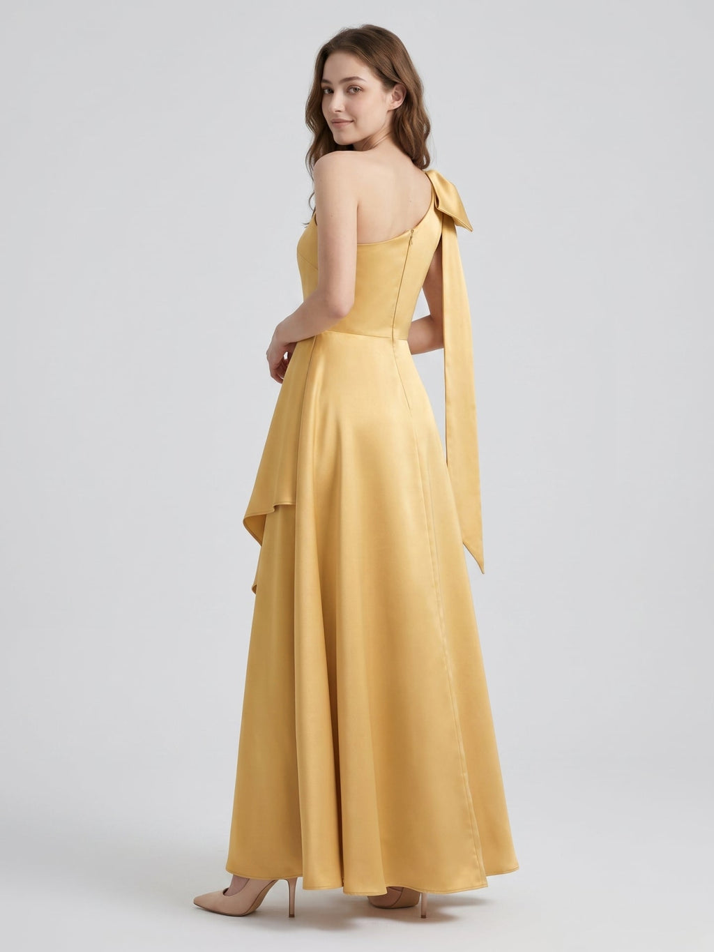 Gold Satin Trumpet Sweetheart Back-Zip Floor-Length Bridesmaid Dress with Bow - Curvevia