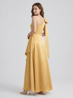 Gold Satin Trumpet Sweetheart Back-Zip Floor-Length Bridesmaid Dress with Bow - Curvevia