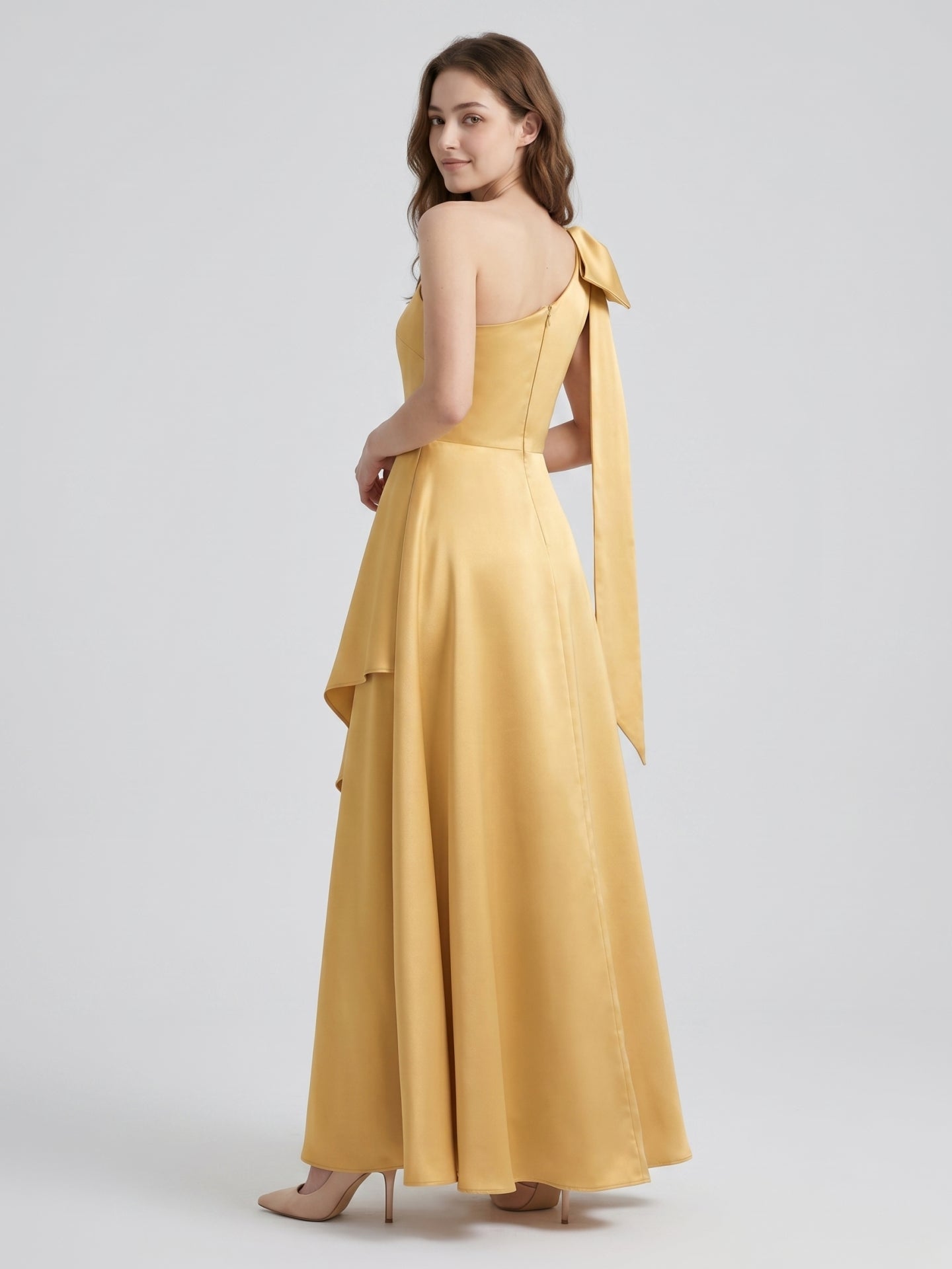 Gold Satin Trumpet Sweetheart Back-Zip Floor-Length Bridesmaid Dress with Bow - Curvevia