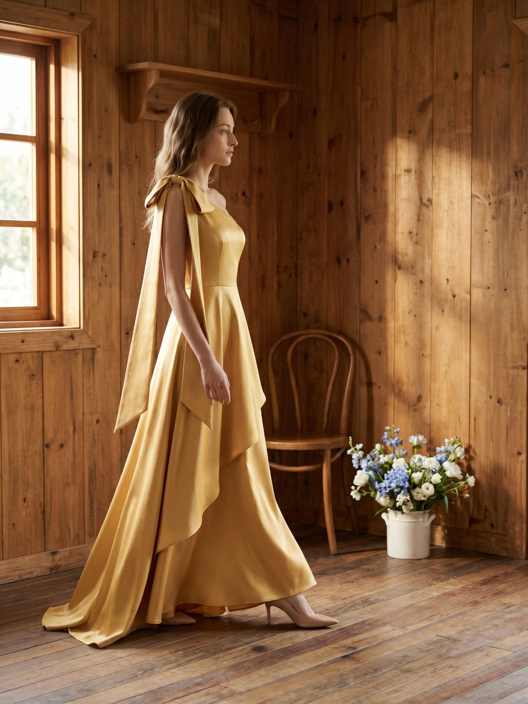 Gold Satin Trumpet Sweetheart Back-Zip Floor-Length Bridesmaid Dress with Bow - Curvevia