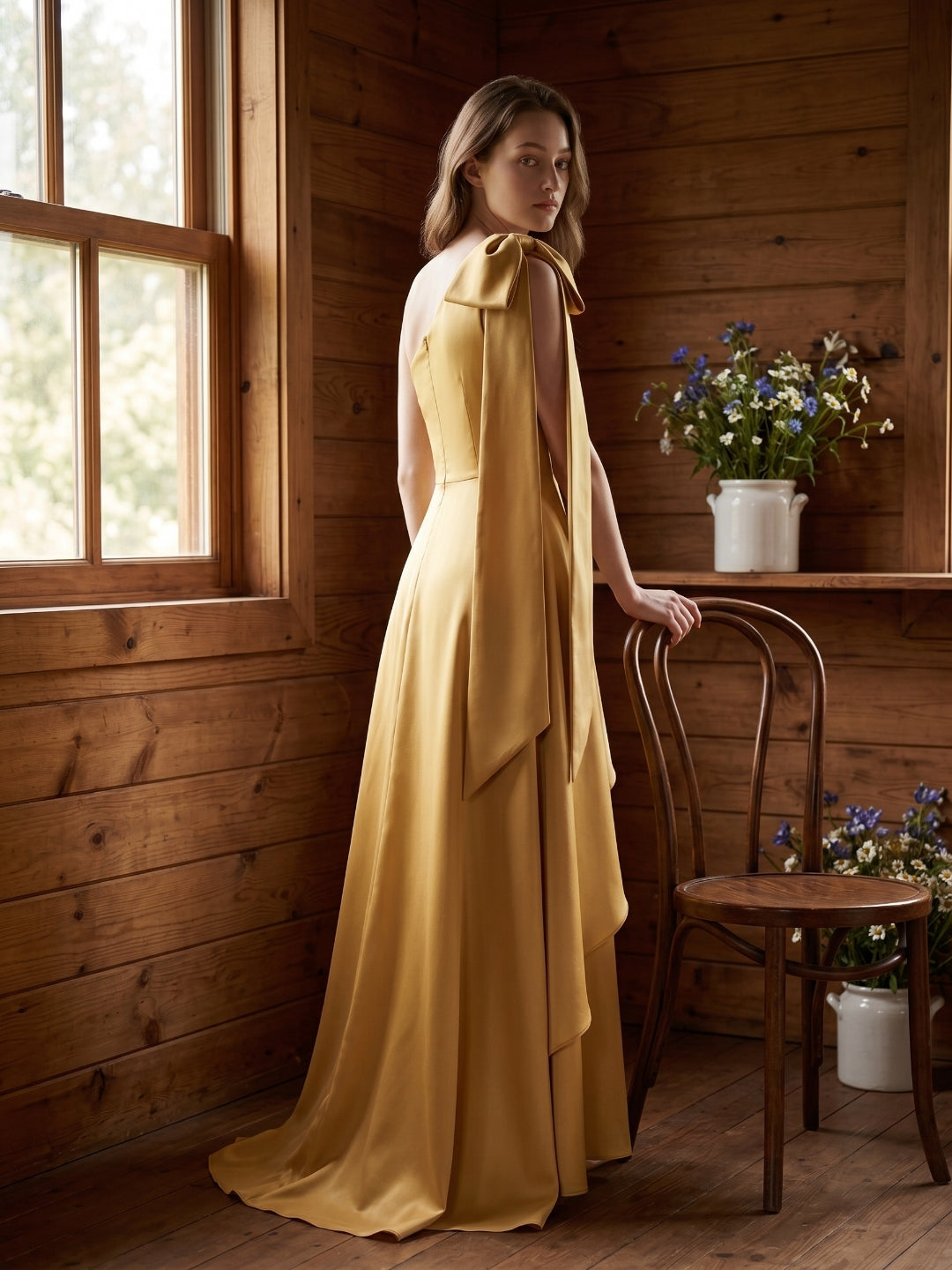 Gold Satin Trumpet Sweetheart Back-Zip Floor-Length Bridesmaid Dress with Bow - Curvevia