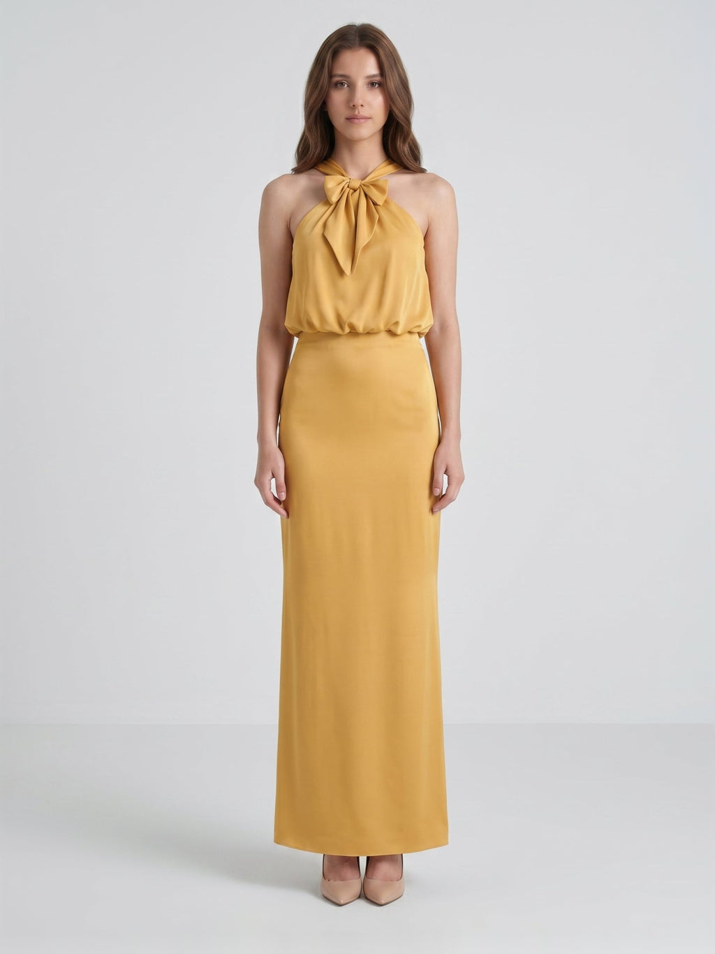 Gold Satin column Halter Floor-Length Bridesmaid Dress with Bow - Curvevia