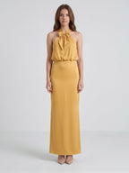 Gold Satin column Halter Floor-Length Bridesmaid Dress with Bow - Curvevia