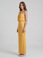 Gold Satin column Halter Floor-Length Bridesmaid Dress with Bow - Curvevia