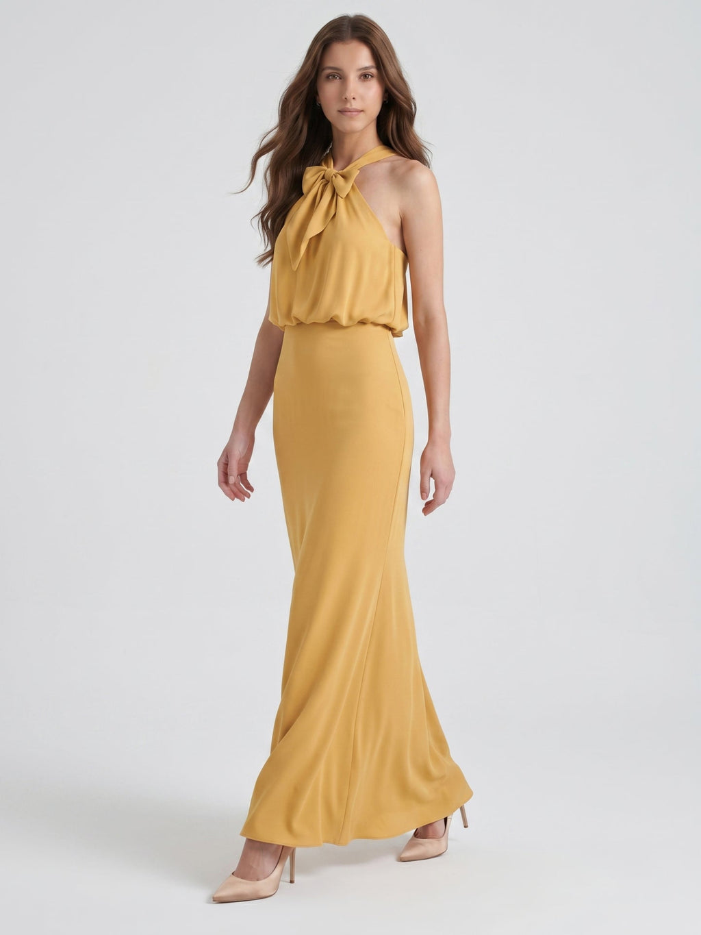 Gold Satin column Halter Floor-Length Bridesmaid Dress with Bow - Curvevia